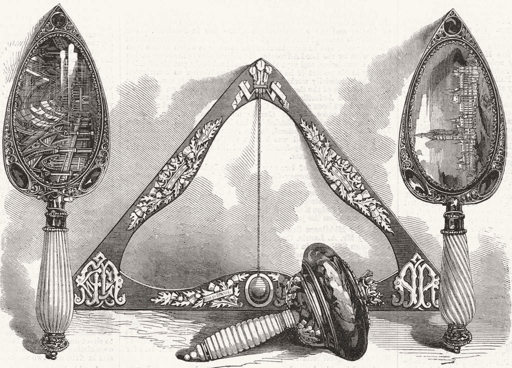 GLASGOW. Trowel, Mallet, level, Prince of Wales 1868 old antique print picture